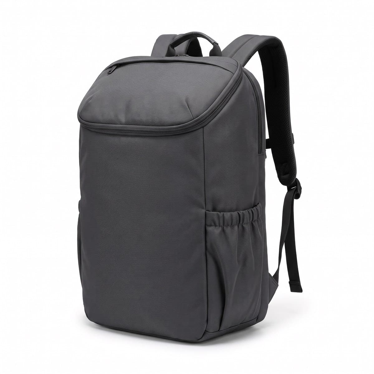 A charcoal travel backpack standing upright with its clamshell lid zipped, padded shoulder straps and a side water bottle pocket