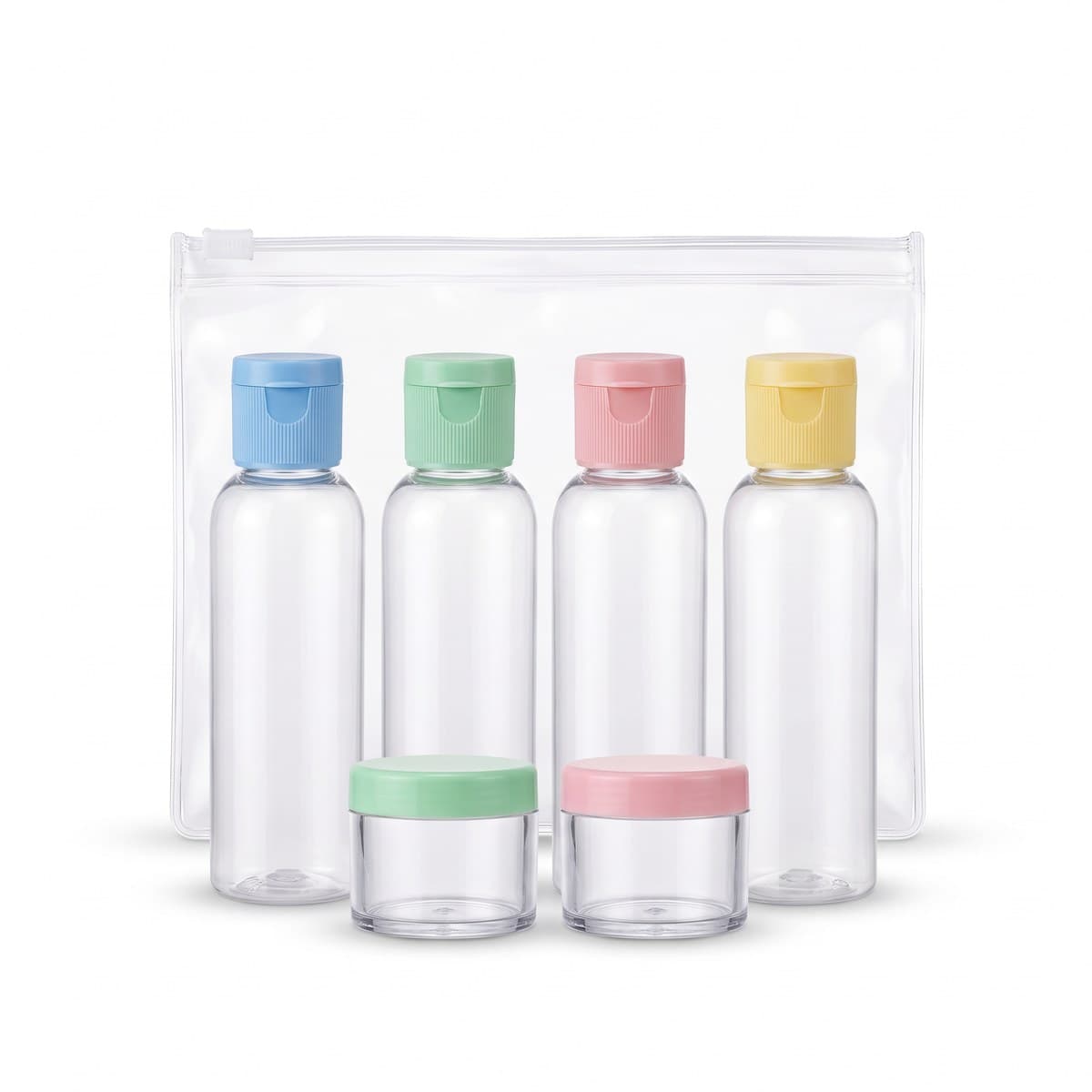 Four clear squeeze bottles and two small jars with coloured flip caps standing in front of a clear zip pouch