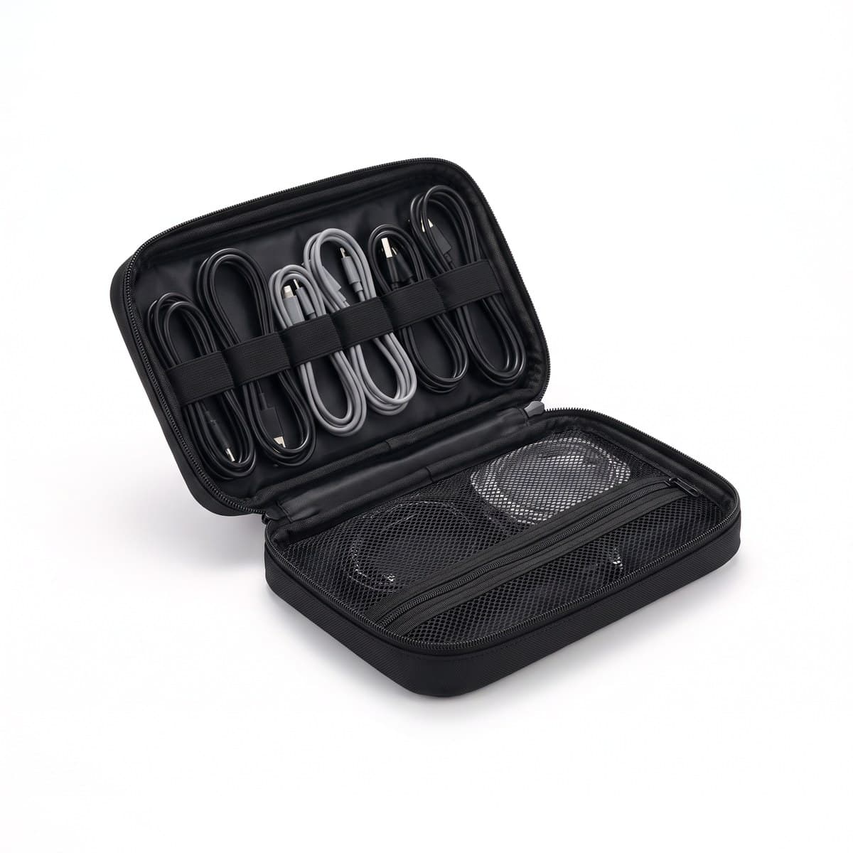 An open black cable organizer case with elastic loops holding cables, a padded power-bank slot and two zip mesh pockets