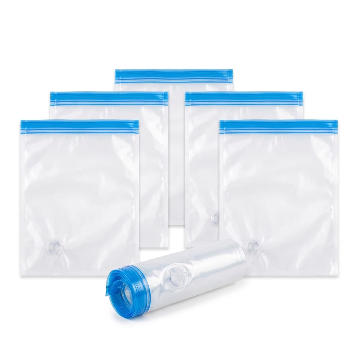 Six clear roll-up compression bags with blue zip seals and one-way valves, one rolled to push the air out