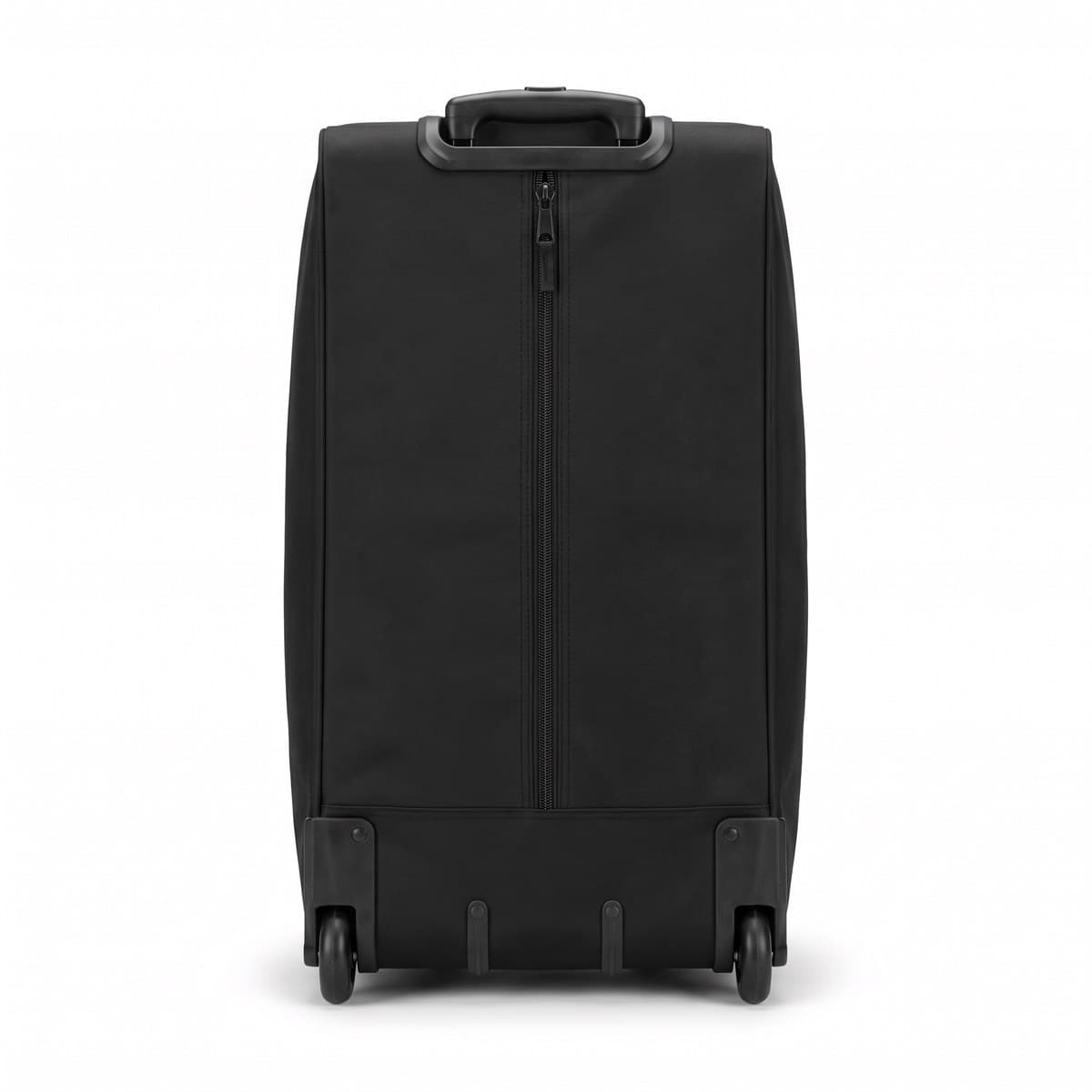 A large black wheeled travel duffel standing upright, its clamshell top zipped, two inline wheels at the base and the pull handle retracted