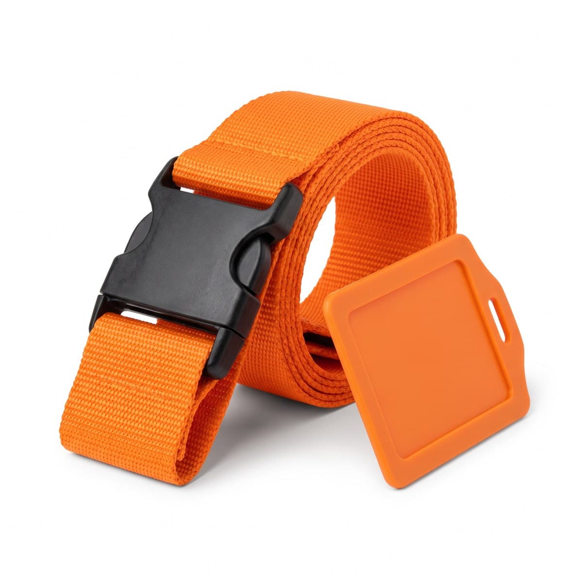 A bright orange webbing luggage strap coiled with its side-release buckle and slide-on ID tag on top