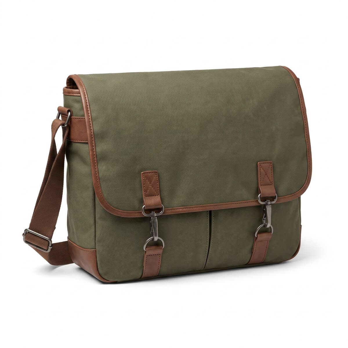 An olive coated-canvas messenger bag with brown trim, its flap buckled down with two clips and the shoulder strap laid across the front