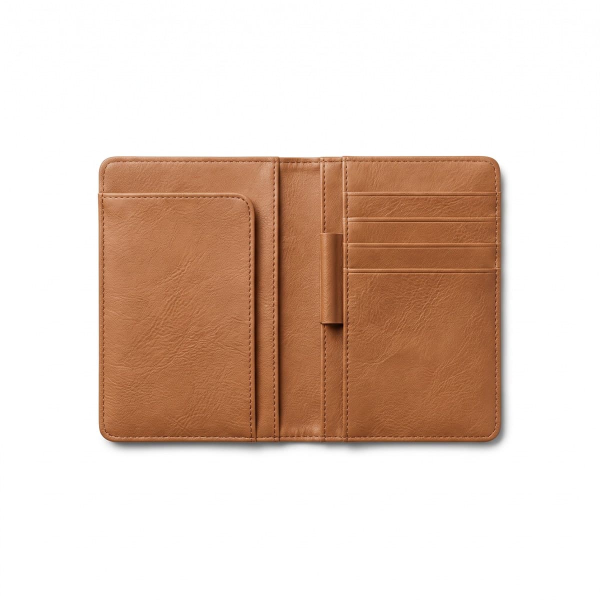 A slim tan vegan-leather passport holder opened to show a passport pocket, four card slots and a pen loop