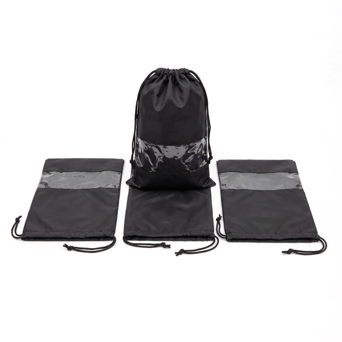 Four black drawstring shoe bags with clear windows, three lying flat and one standing with its drawstring pulled