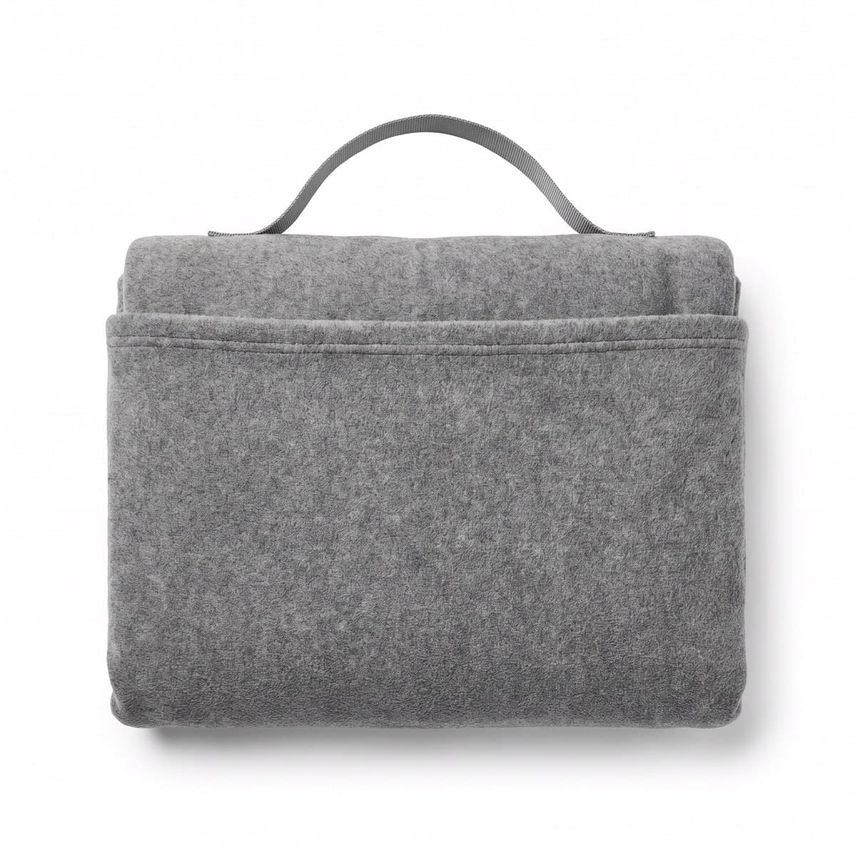 A heather grey fleece travel blanket half folded into its attached pouch, the carry strap and trolley sleeve showing