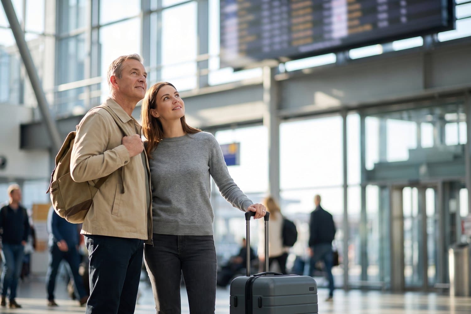 Two travelers checking a departures board in a sunlit terminal, one with a travel backpack and the other resting a hand on a hardshell carry-on