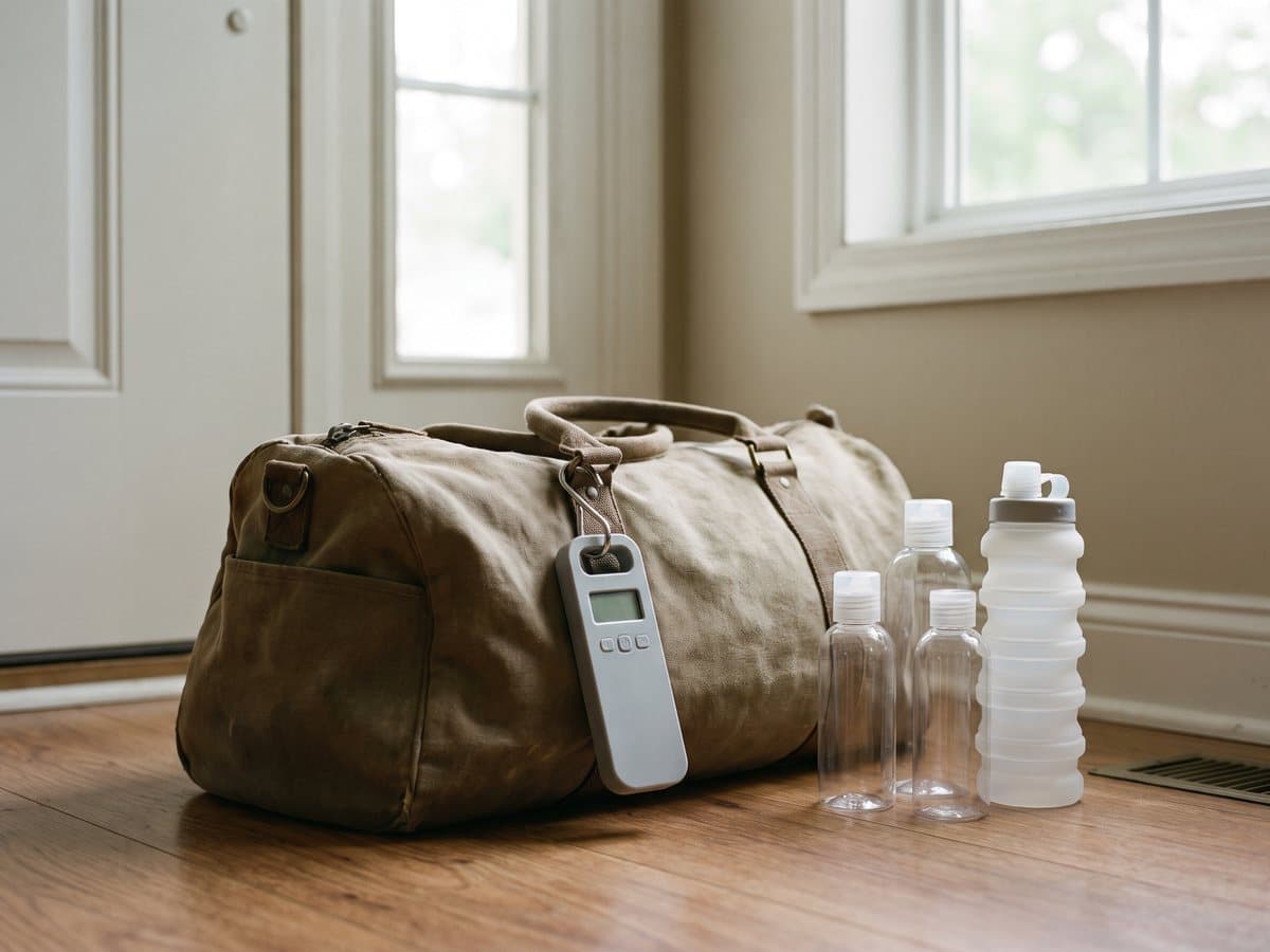 A digital luggage scale hooked to the handle of a packed duffel by a front door, a travel bottle set and a collapsible water bottle beside it