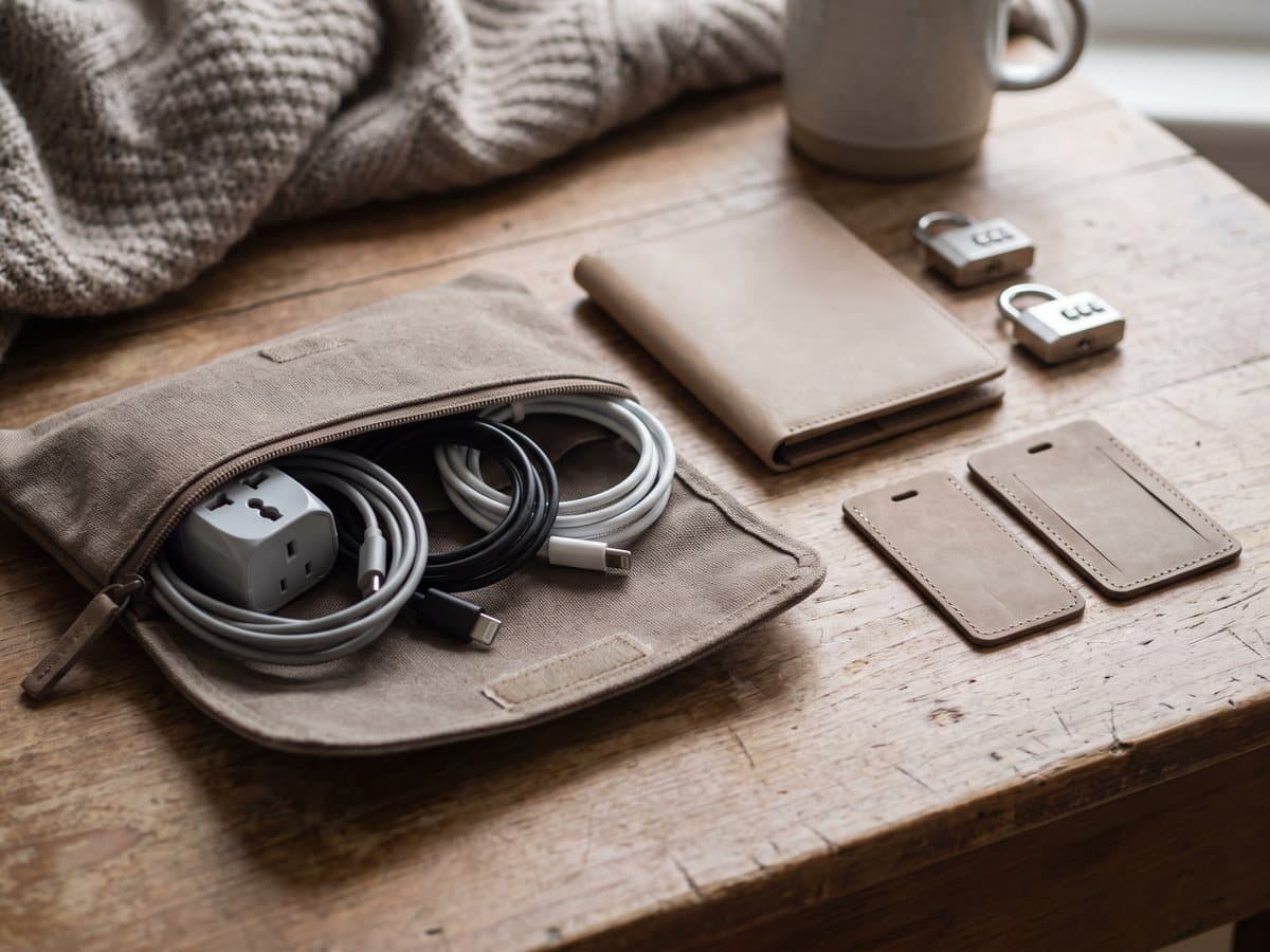 A zipped cable organizer holding cables and a travel adapter beside a passport holder, two combination luggage locks and a pair of luggage tags on a wooden table