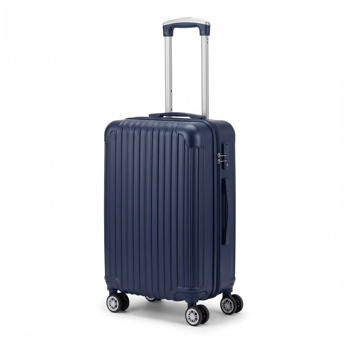 A navy ribbed hardshell carry-on standing on four spinner wheels with the aluminium handle raised and a combination lock on the front