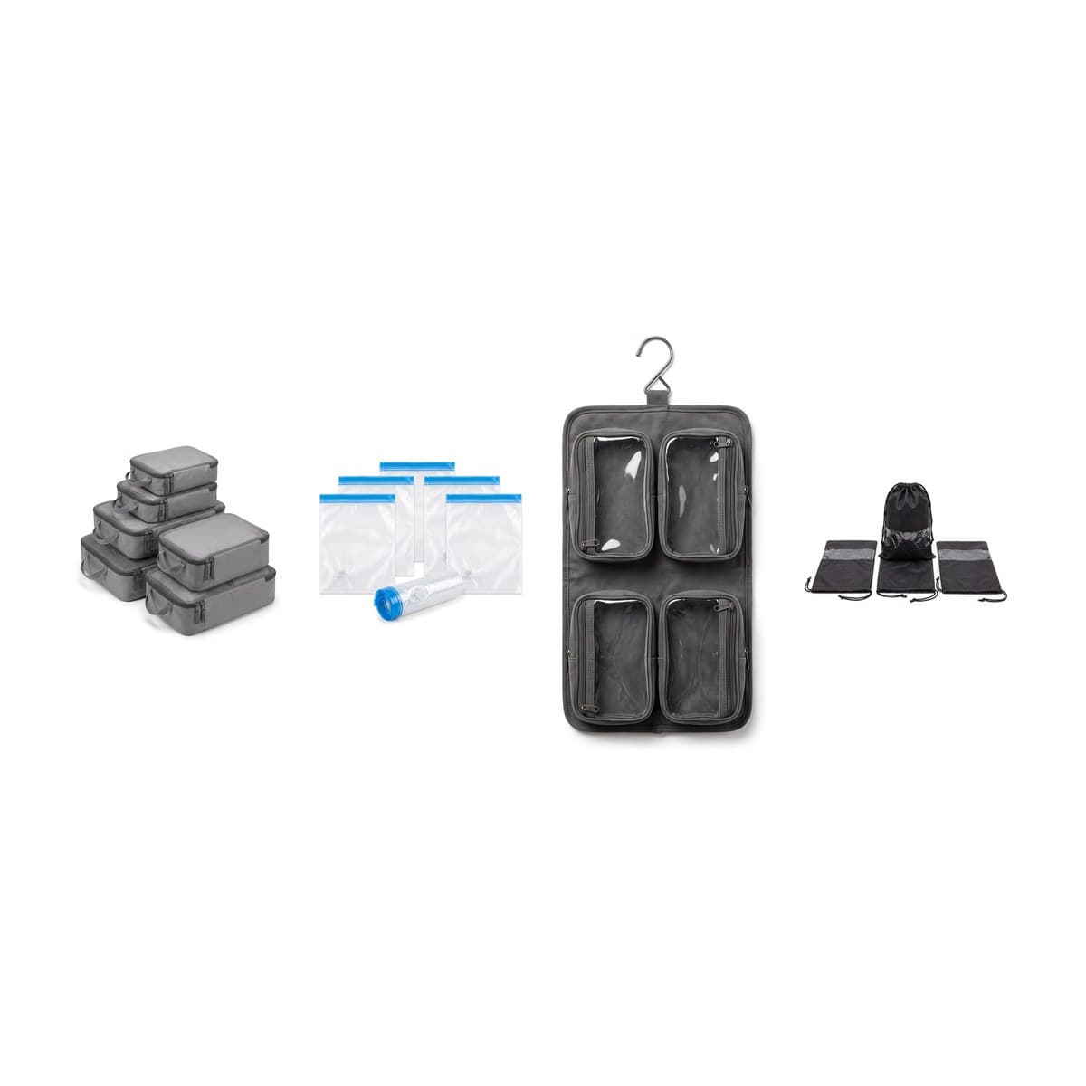 The pieces of the Carry-On Organizer Kit together: packing cubes, compression bags, a hanging toiletry kit and shoe bags