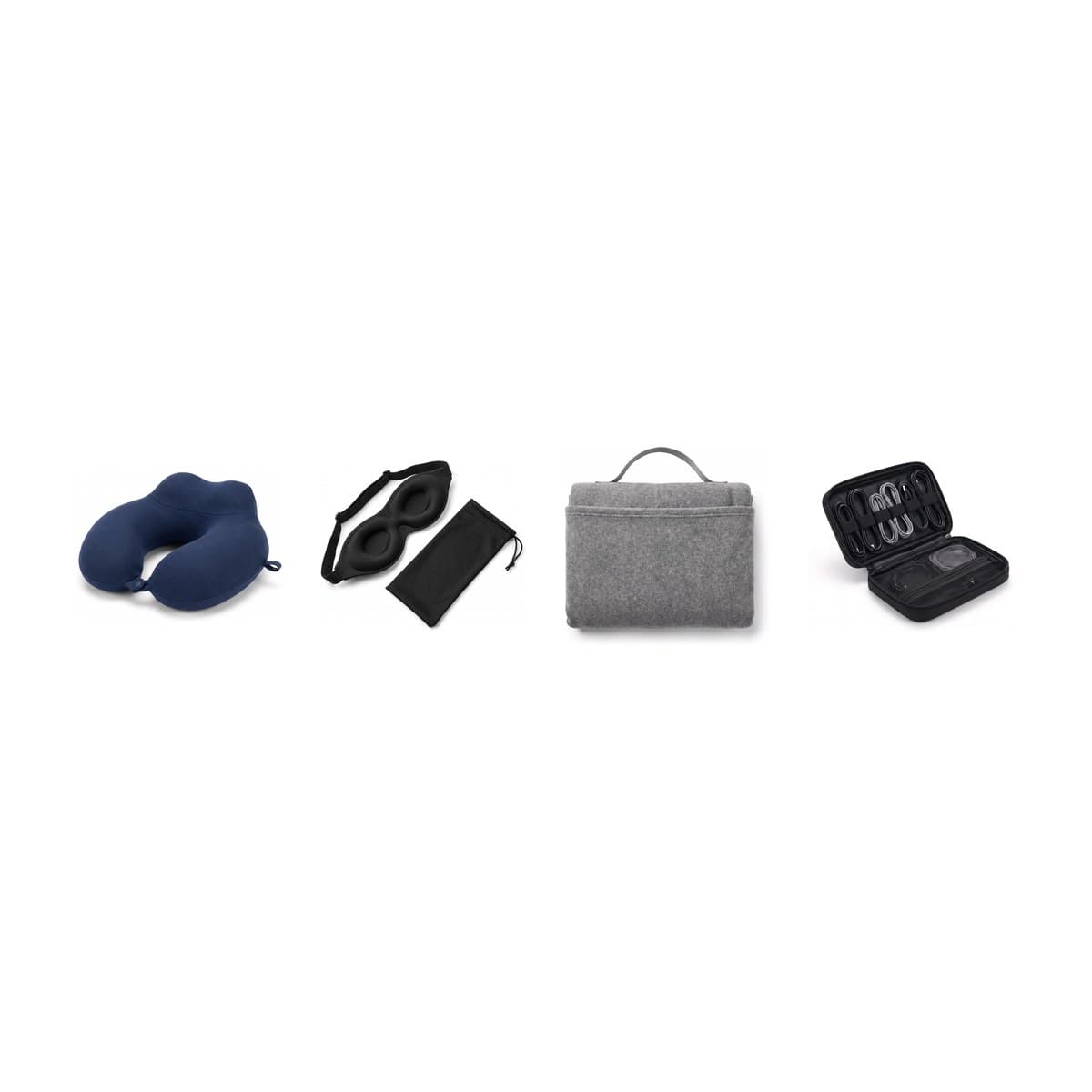 The pieces of the Rest & Recharge Kit together: a neck pillow, a sleep mask, a folded travel blanket and a cable organizer case