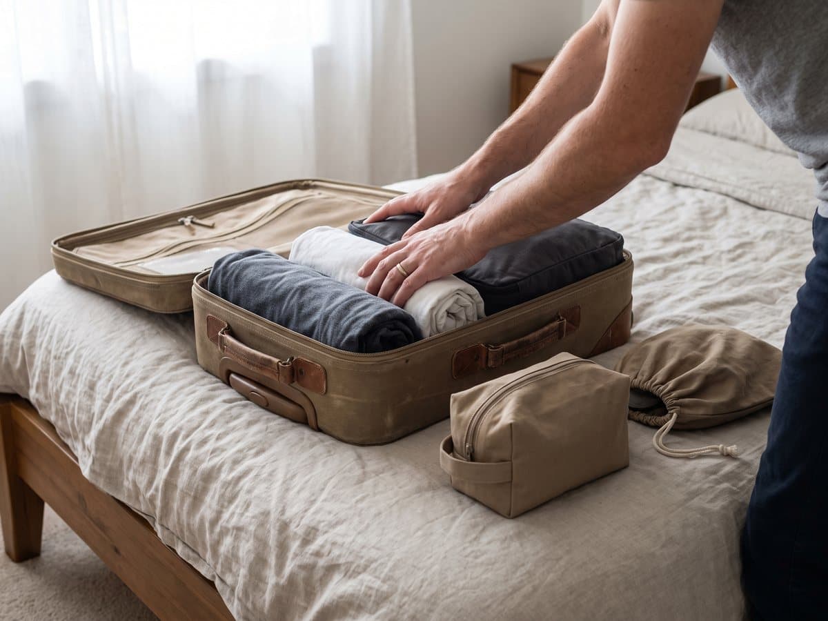 Hands arranging zipped packing cubes and rolled clothes inside an open carry-on on a bed, a toiletry kit and shoe bags set to one side
